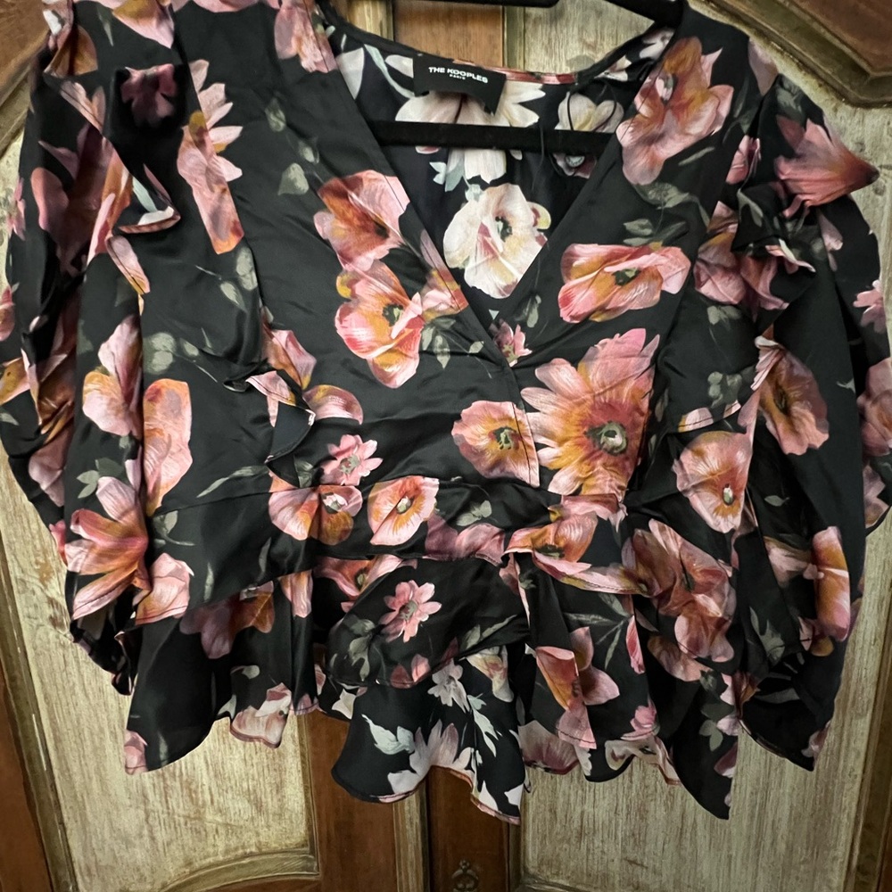 The Kooples Black and Orange Ruffled Wrap Blouse